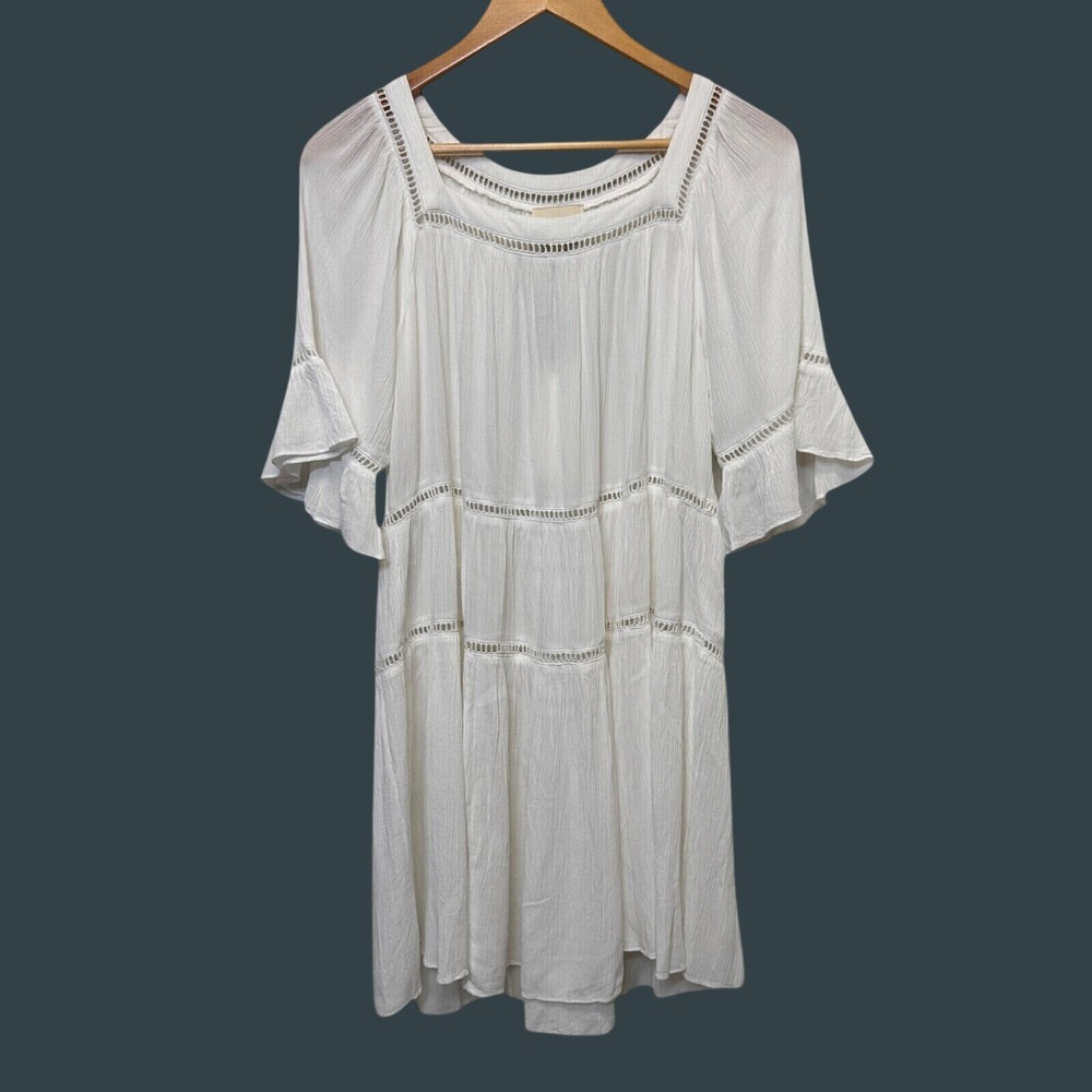 Playa Lucila Mini Dress S White Tiered Gauze Flutter Sleeve Ladder Trim Coastal